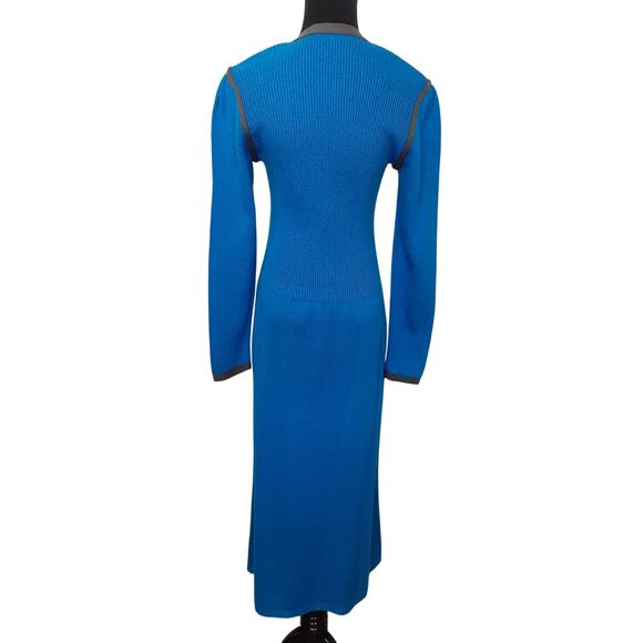 Vintage 80s Button Front Knit Midi Dress Blue Santana Knit V Neck Womens 10 - Picture 2 of 14